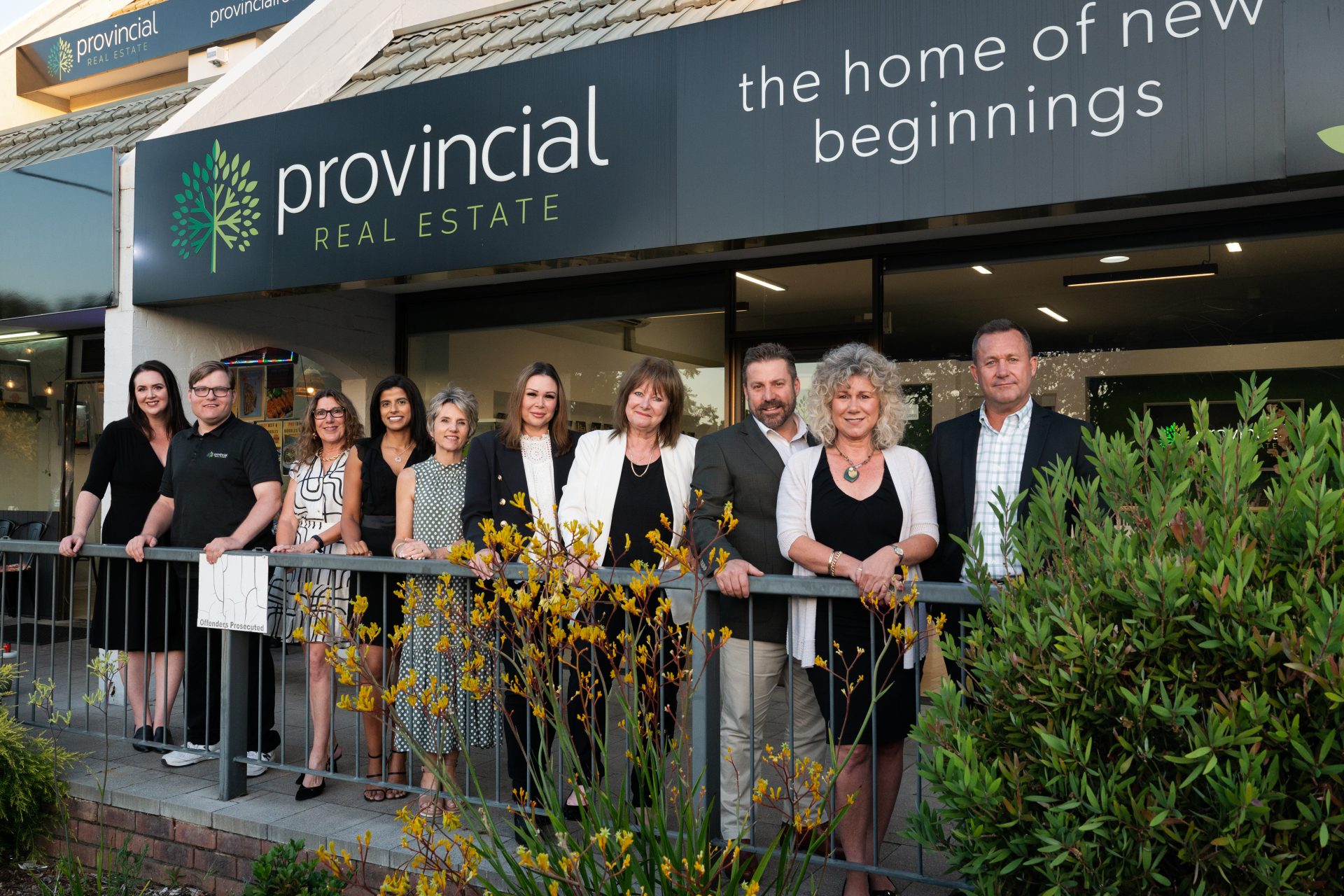 Provincial Real Estate - Team, Kalamunda, Perth Hills standing out the front of the Kalamunda Office - From left to right - Jasmine Fyfe, Hayden Marijanich, Dani Guy, Allia Khanbhai, Samantha Lambert, Liz Ciocca, Pamela Abraham, Ben Ciocca, Joanne Pottinger, David Farrant.
